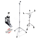 Drum Hardware Set 3 PACK by GRIFFIN - Kick Drum Pedal, Snare Stand & Straight Cymbal Stand | Deluxe Double Chain Full Steel Foot Pedal for Intense Play | Slip-Proof Gear Tilter & Clamp Basket Holder