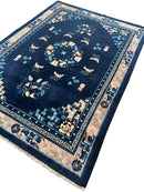 Hand-Knotted Antique Chinese Peking Wool Rug – 5’6” x 7’6” – Full Pile Navy and Cream Design