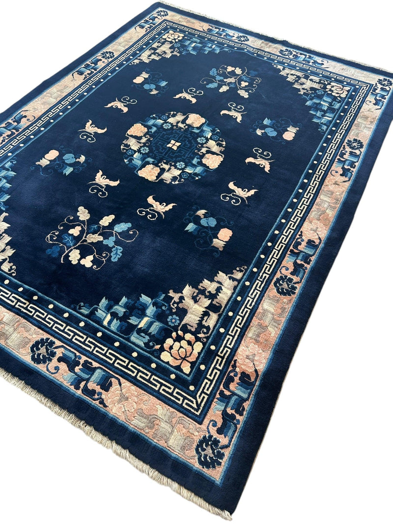 Hand-Knotted Antique Chinese Peking Wool Rug – 5’6” x 7’6” – Full Pile Navy and Cream Design