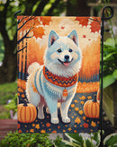 American Eskimo Fall Garden Flag – Dog Surrounded by Pumpkins & Autumn Leaves