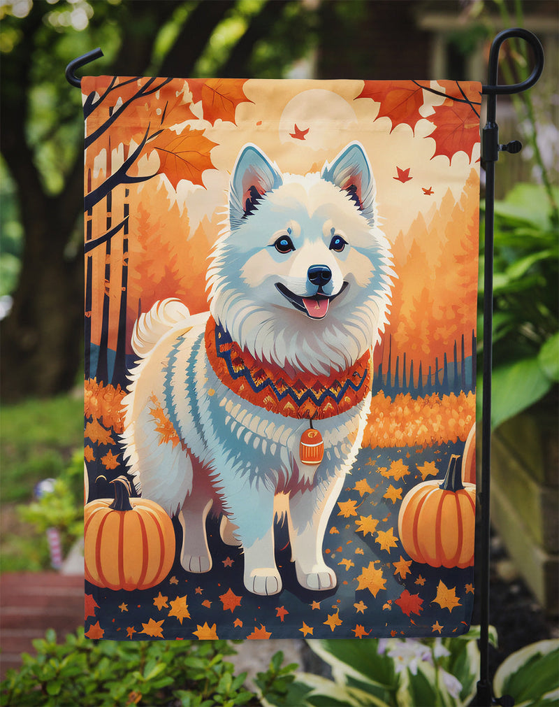 American Eskimo Fall Garden Flag – Dog Surrounded by Pumpkins & Autumn Leaves