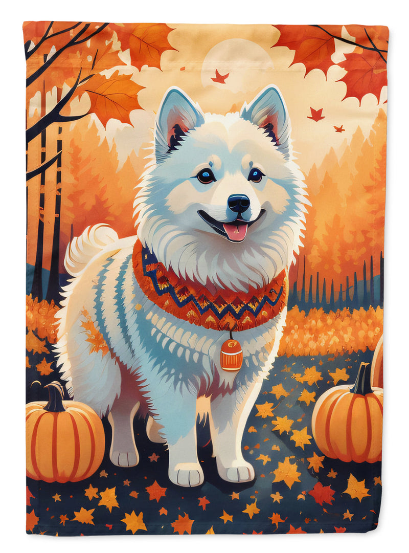 American Eskimo Fall Garden Flag – Dog Surrounded by Pumpkins & Autumn Leaves