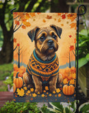 Border Terrier Fall Garden Flag – Dog Surrounded by Pumpkins & Autumn Leaves