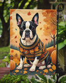 Boston Terrier Fall Garden Flag – Dog Surrounded by Pumpkins & Autumn Leaves