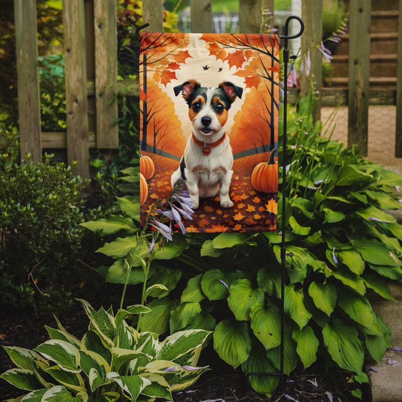Jack Russell Terrier Fall Garden Flag – Dog Surrounded by Pumpkins & Autumn Leaves