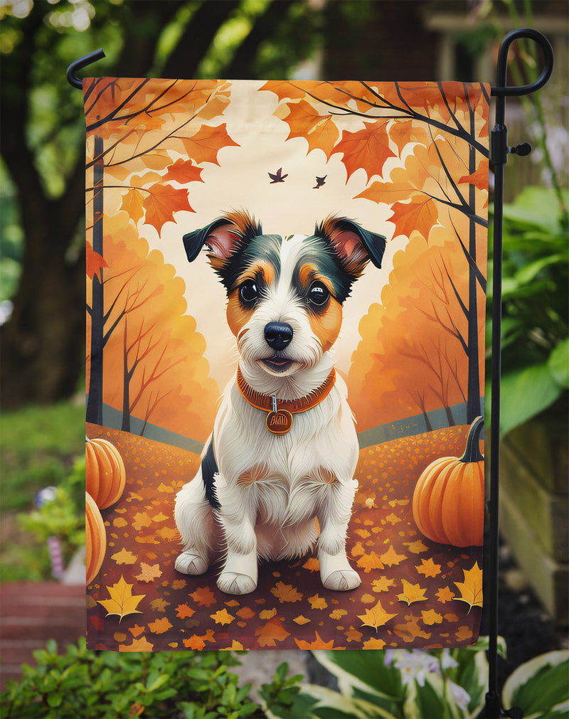 Jack Russell Terrier Fall Garden Flag – Dog Surrounded by Pumpkins & Autumn Leaves