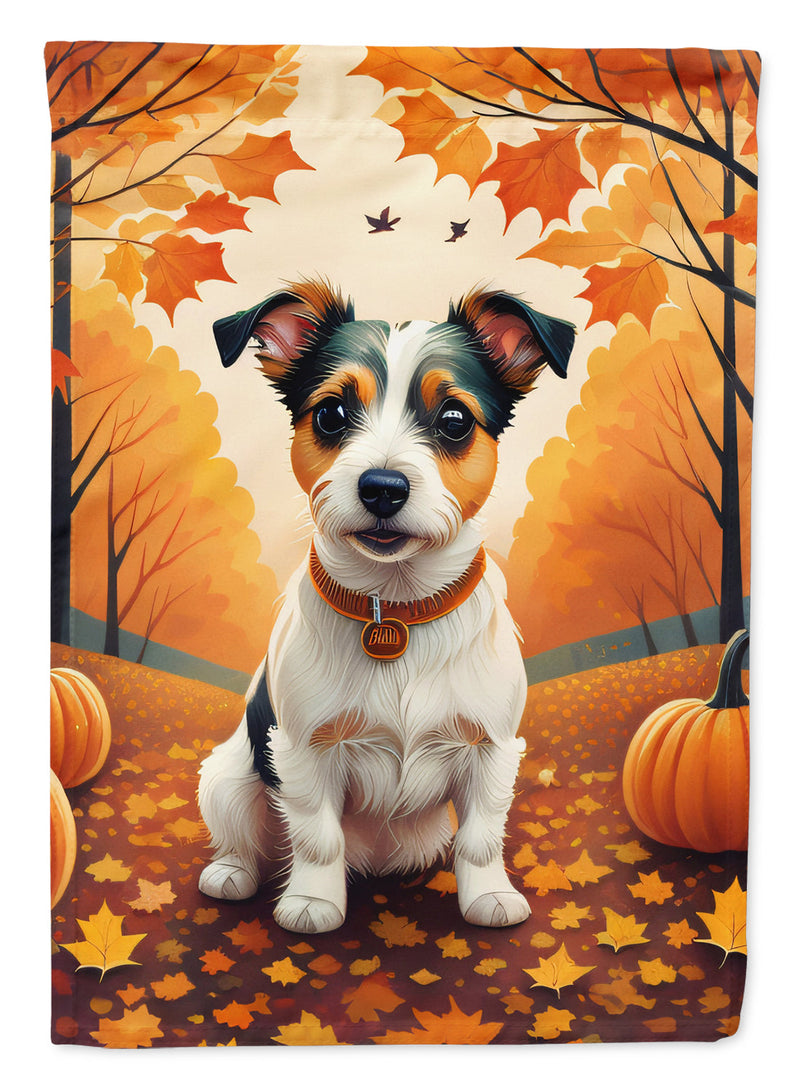 Jack Russell Terrier Fall Garden Flag – Dog Surrounded by Pumpkins & Autumn Leaves