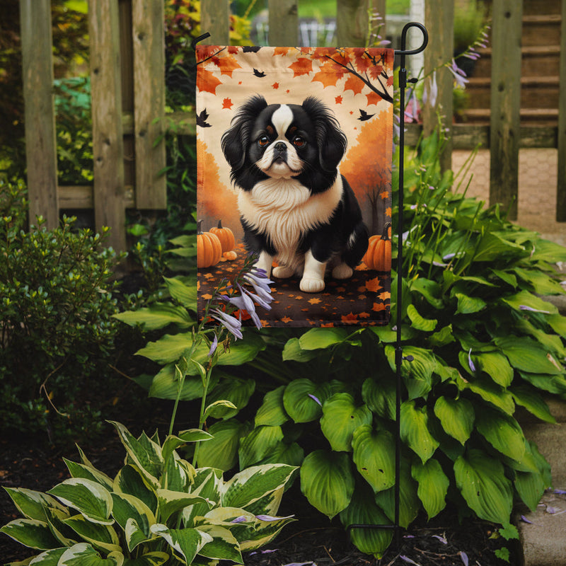 Japanese Chin Fall Garden Flag – Dog Surrounded by Pumpkins & Autumn Leaves