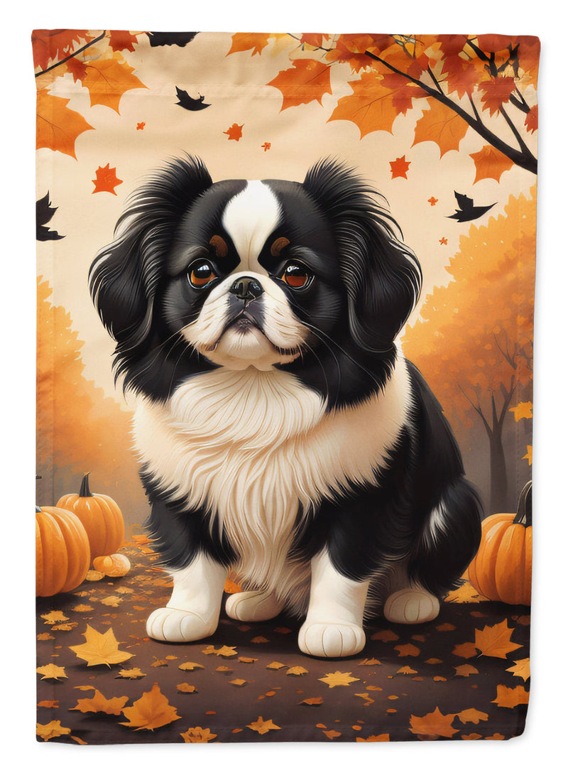 Japanese Chin Fall Garden Flag – Dog Surrounded by Pumpkins & Autumn Leaves