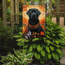 Black Labrador Retriever Fall Garden Flag – Dog Surrounded by Pumpkins & Autumn Leaves