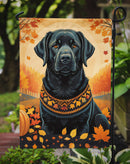 Black Labrador Retriever Fall Garden Flag – Dog Surrounded by Pumpkins & Autumn Leaves