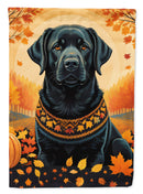 Black Labrador Retriever Fall Garden Flag – Dog Surrounded by Pumpkins & Autumn Leaves