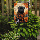 Black Pug Fall Garden Flag – Dog Surrounded by Pumpkins & Autumn Leaves