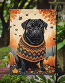 Black Pug Fall Garden Flag – Dog Surrounded by Pumpkins & Autumn Leaves