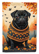 Black Pug Fall Garden Flag – Dog Surrounded by Pumpkins & Autumn Leaves