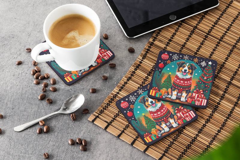 Australian Shepherd Christmas Coasters - Set of 4 Lightweight Foam, Absorbent Drink Coasters