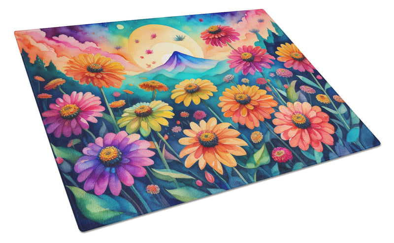 Zinnias in Color Glass Cutting Board Large