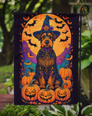 Airedale Terrier Witchy Halloween Garden Flag – Witch Dog with Pumpkins, Bats & Jack-o'-Lanterns