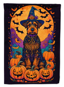 Airedale Terrier Witchy Halloween Garden Flag – Witch Dog with Pumpkins, Bats & Jack-o'-Lanterns