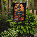 Akita Witchy Halloween Garden Flag – Witch Dog with Pumpkins, Bats & Jack-o'-Lanterns