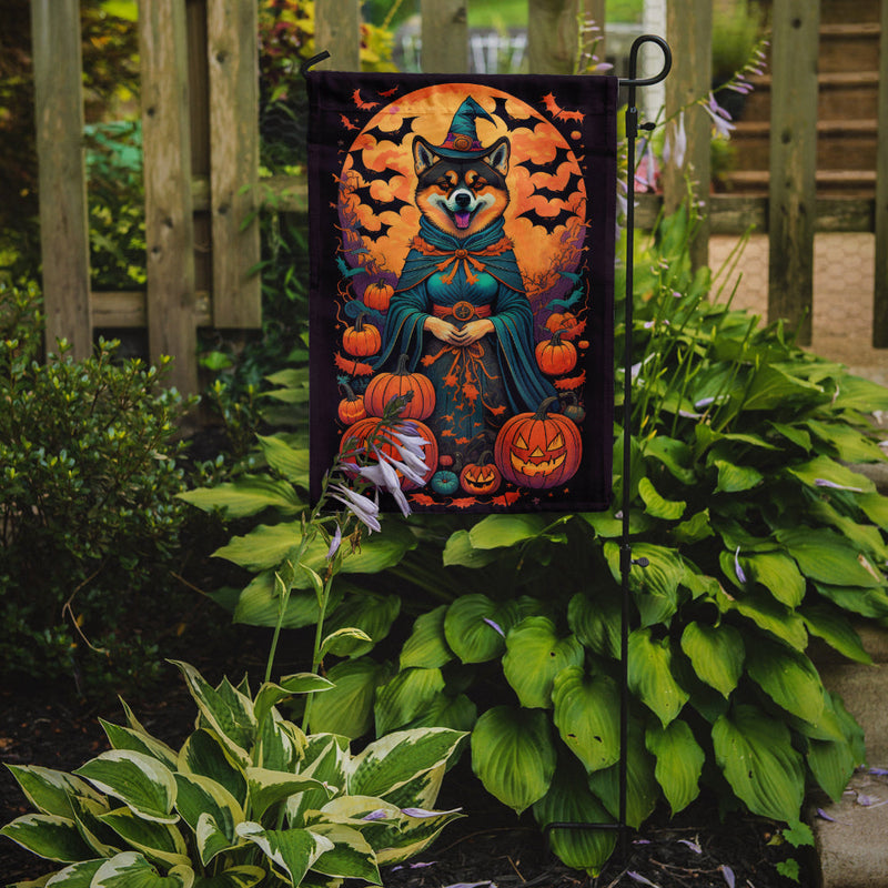 Akita Witchy Halloween Garden Flag – Witch Dog with Pumpkins, Bats & Jack-o'-Lanterns
