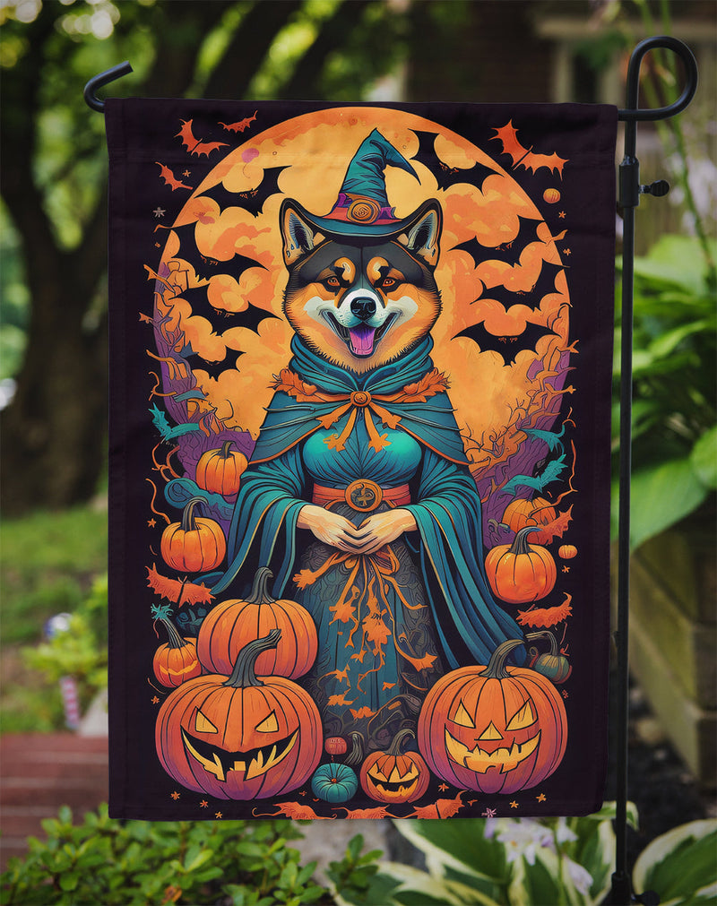 Akita Witchy Halloween Garden Flag – Witch Dog with Pumpkins, Bats & Jack-o'-Lanterns