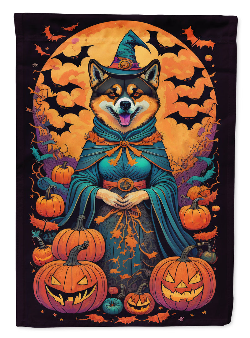 Akita Witchy Halloween Garden Flag – Witch Dog with Pumpkins, Bats & Jack-o'-Lanterns