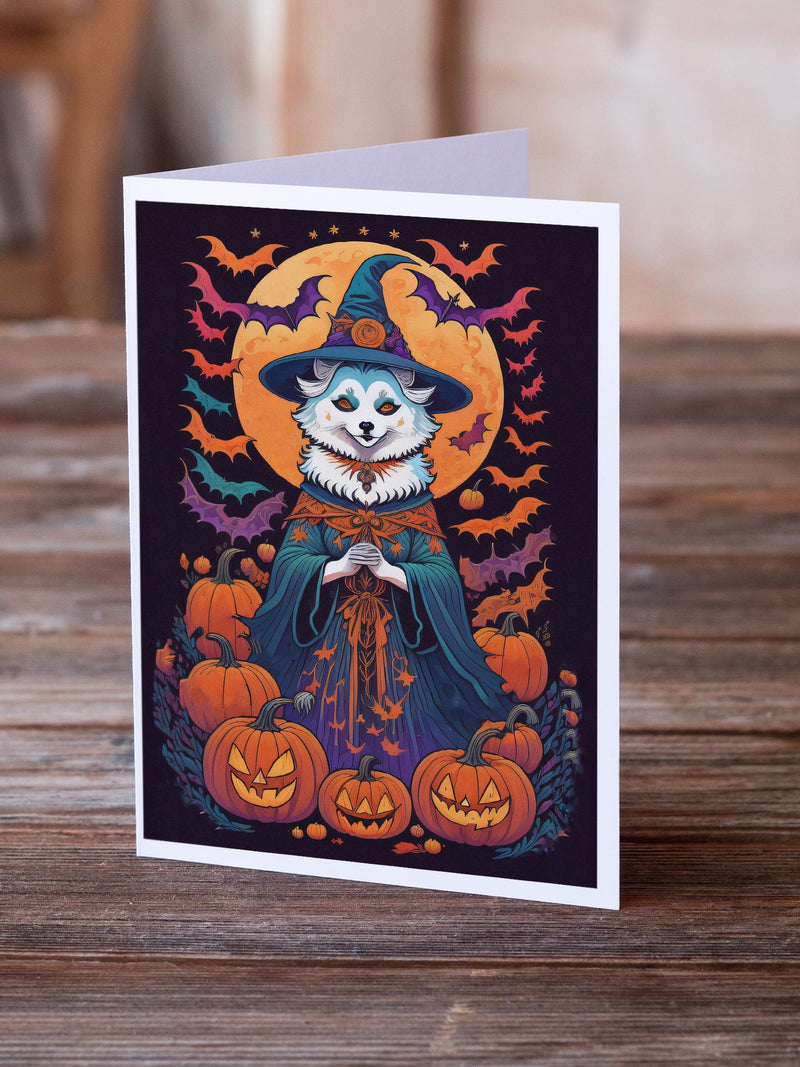 American Eskimo Witchy Halloween Greeting Cards -  Blank Note Cards – 8-Pack of Artist-Designed Cards with Envelopes