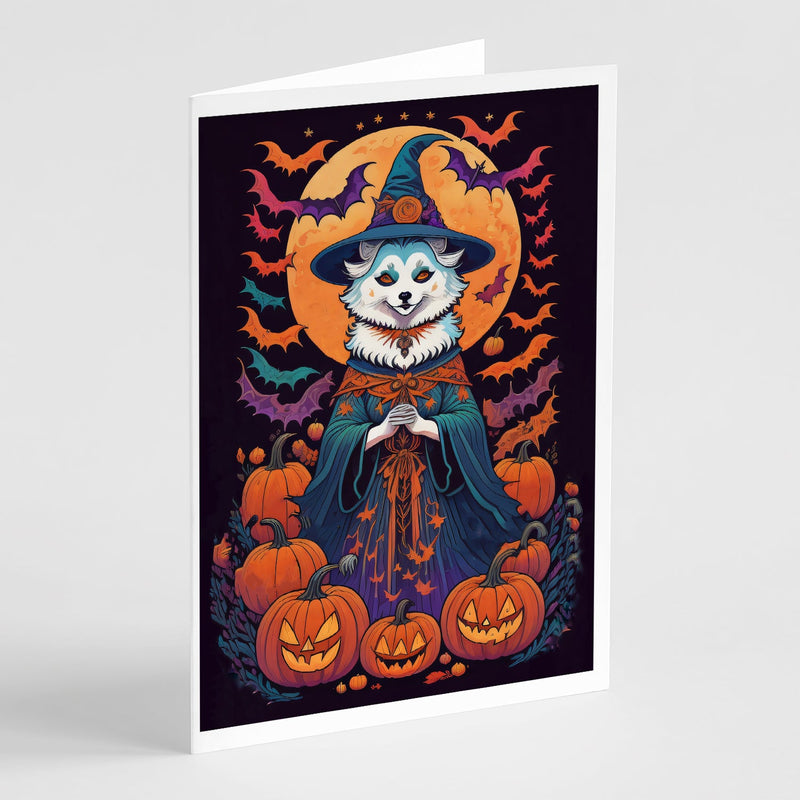 American Eskimo Witchy Halloween Greeting Cards -  Blank Note Cards – 8-Pack of Artist-Designed Cards with Envelopes