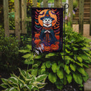 American Eskimo Witchy Halloween Garden Flag – Witch Dog with Pumpkins, Bats & Jack-o'-Lanterns