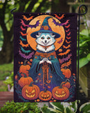 American Eskimo Witchy Halloween Garden Flag – Witch Dog with Pumpkins, Bats & Jack-o'-Lanterns