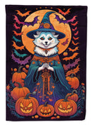 American Eskimo Witchy Halloween Garden Flag – Witch Dog with Pumpkins, Bats & Jack-o'-Lanterns