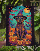 Border Terrier Witchy Halloween Garden Flag – Witch Dog with Pumpkins, Bats & Jack-o'-Lanterns