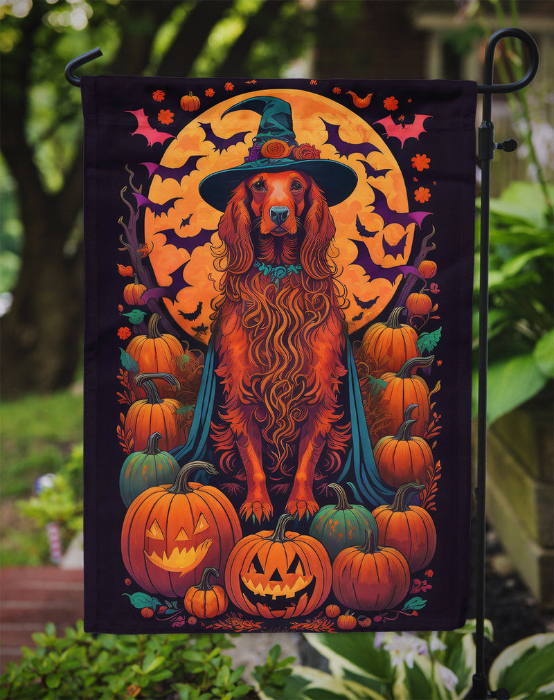 Irish Setter Witchy Halloween Garden Flag – Witch Dog with Pumpkins, Bats & Jack-o'-Lanterns