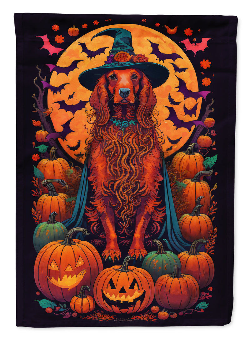 Irish Setter Witchy Halloween Garden Flag – Witch Dog with Pumpkins, Bats & Jack-o'-Lanterns