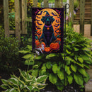 Black Labrador Retriever Witchy Halloween Garden Flag – Witch Dog with Pumpkins, Bats & Jack-o'-Lanterns