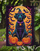 Black Labrador Retriever Witchy Halloween Garden Flag – Witch Dog with Pumpkins, Bats & Jack-o'-Lanterns
