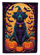 Black Labrador Retriever Witchy Halloween Garden Flag – Witch Dog with Pumpkins, Bats & Jack-o'-Lanterns