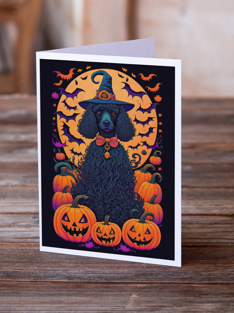 Black Standard Poodle Witchy Halloween Greeting Cards -  Blank Note Cards – 8-Pack of Artist-Designed Cards with Envelopes