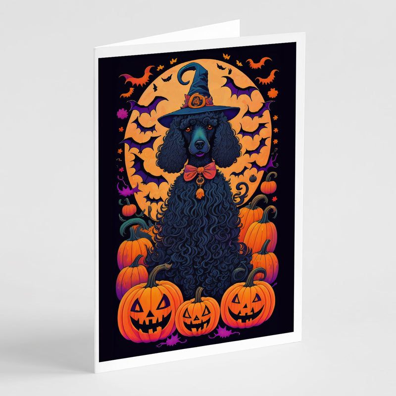 Black Standard Poodle Witchy Halloween Greeting Cards -  Blank Note Cards – 8-Pack of Artist-Designed Cards with Envelopes