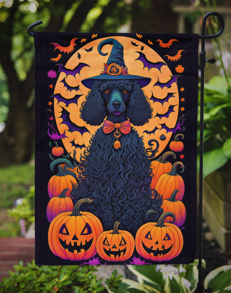 Black Standard Poodle Witchy Halloween Garden Flag – Witch Dog with Pumpkins, Bats & Jack-o'-Lanterns