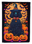 Black Standard Poodle Witchy Halloween Garden Flag – Witch Dog with Pumpkins, Bats & Jack-o'-Lanterns