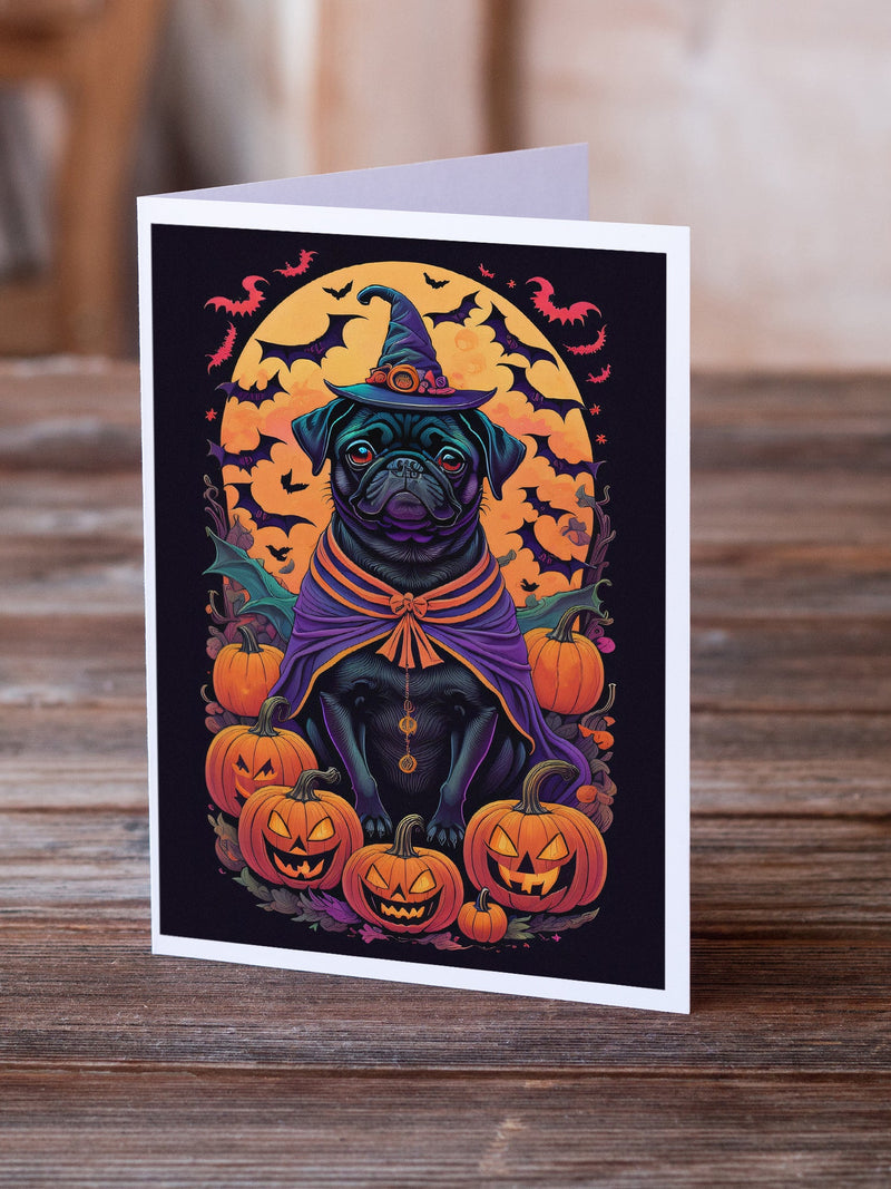 Black Pug Witchy Halloween Greeting Cards -  Blank Note Cards – 8-Pack of Artist-Designed Cards with Envelopes