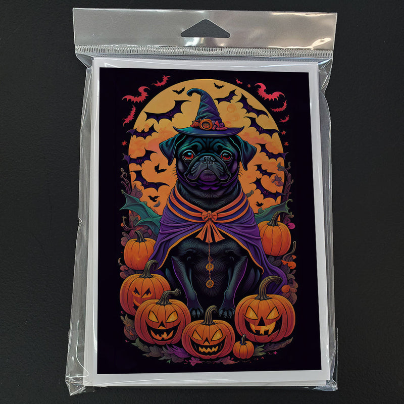 Black Pug Witchy Halloween Greeting Cards -  Blank Note Cards – 8-Pack of Artist-Designed Cards with Envelopes