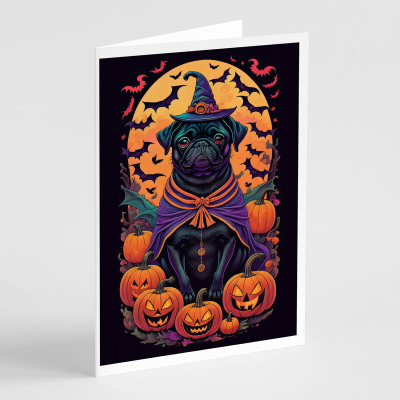 Black Pug Witchy Halloween Greeting Cards -  Blank Note Cards – 8-Pack of Artist-Designed Cards with Envelopes