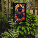 Black Pug Witchy Halloween Garden Flag – Witch Dog with Pumpkins, Bats & Jack-o'-Lanterns