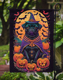 Black Pug Witchy Halloween Garden Flag – Witch Dog with Pumpkins, Bats & Jack-o'-Lanterns