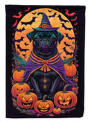 Black Pug Witchy Halloween Garden Flag – Witch Dog with Pumpkins, Bats & Jack-o'-Lanterns