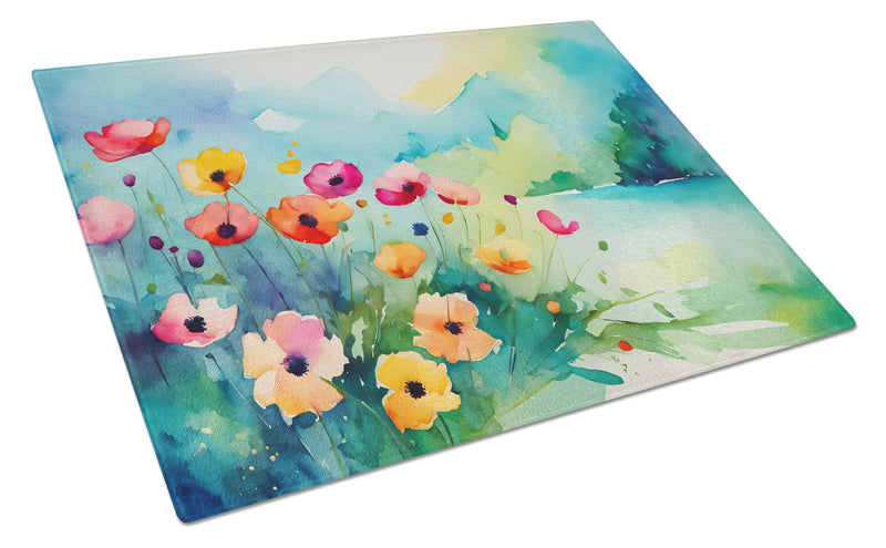 Anemones in Watercolor Glass Cutting Boards – Durable, Decorative Kitchen Art Large