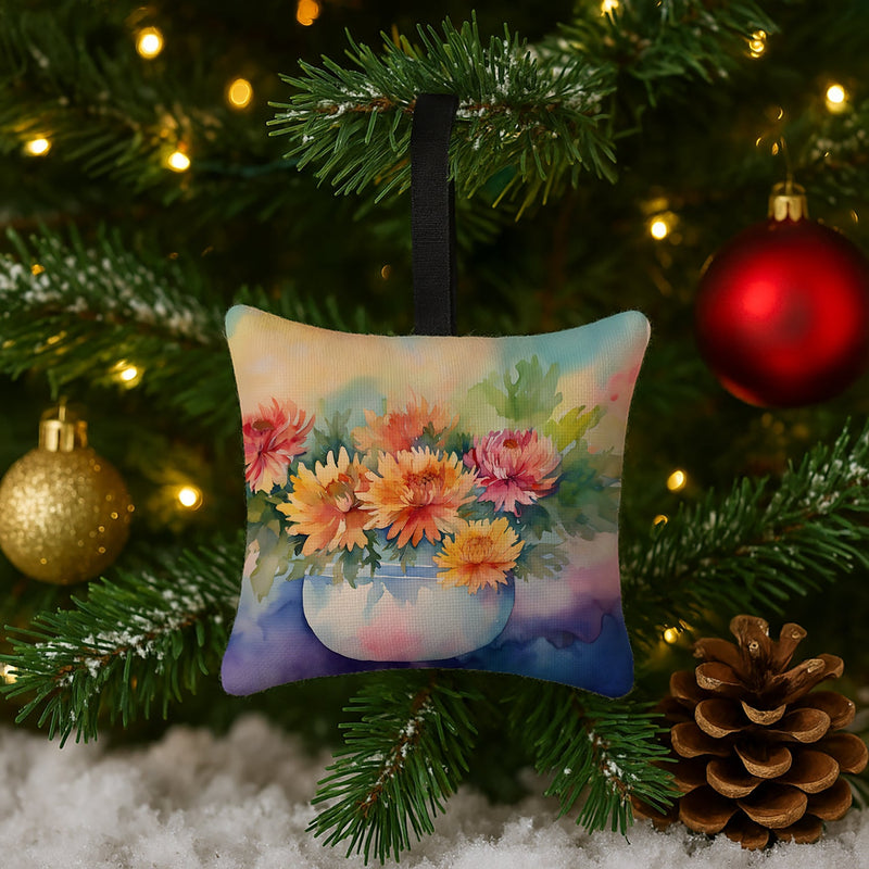 Chrysanthemums in Watercolor Hanging Square Fabric Ornament 3.5 × 3.5